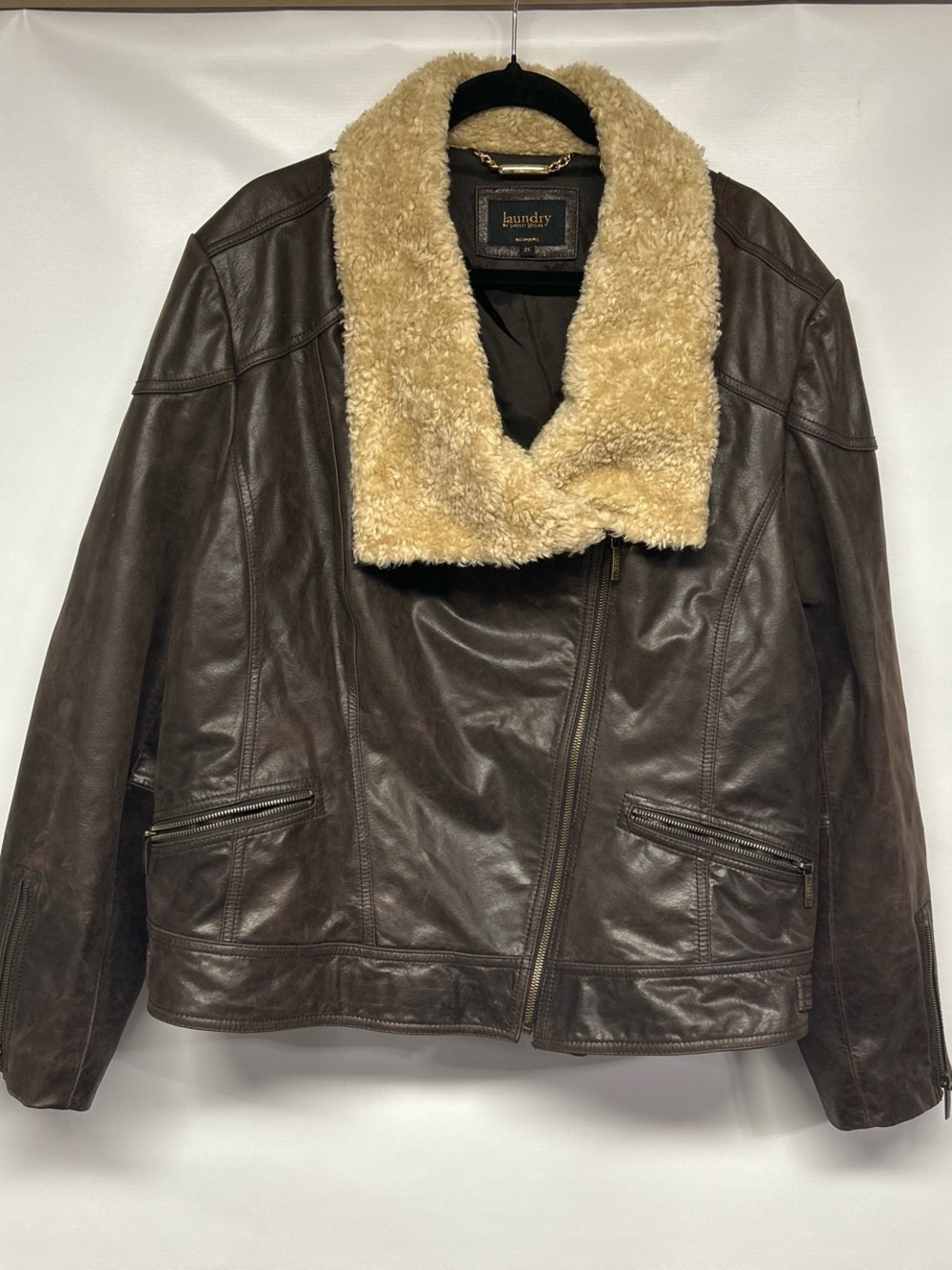 Laundry By Shelli Segal Brown Leather Jacket with Cream Shearling Collar